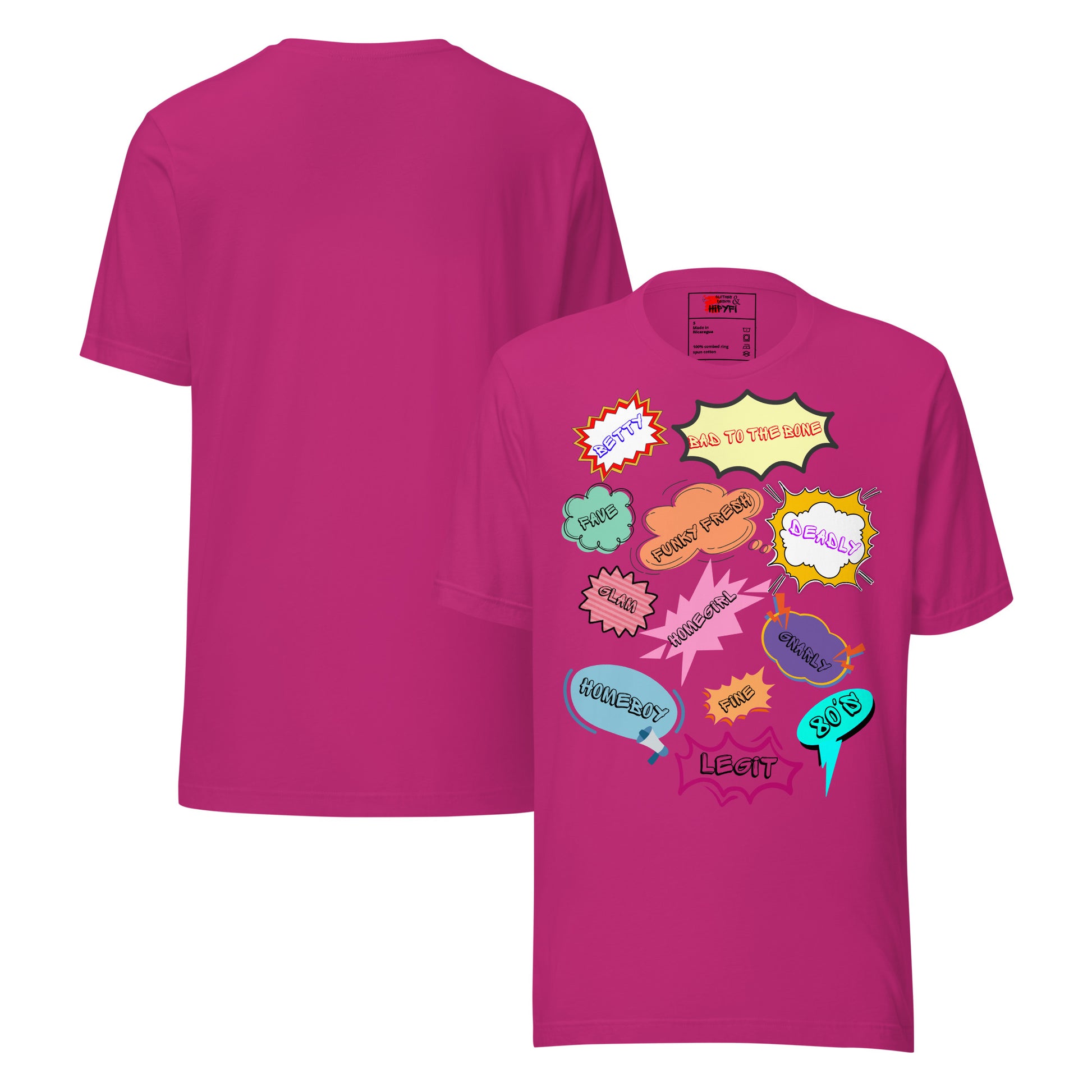 Unisex 80s graphic t-shirt with comic-style slang design by Hipyfi Clothes & Design. berry-front-and-back