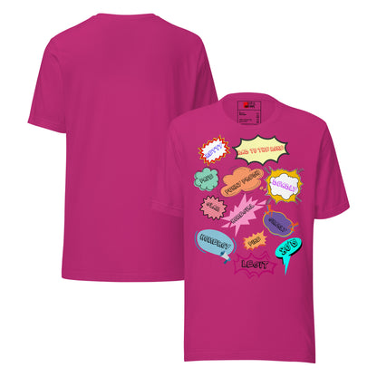 Unisex 80s graphic t-shirt with comic-style slang design by Hipyfi Clothes & Design. berry-front-and-back