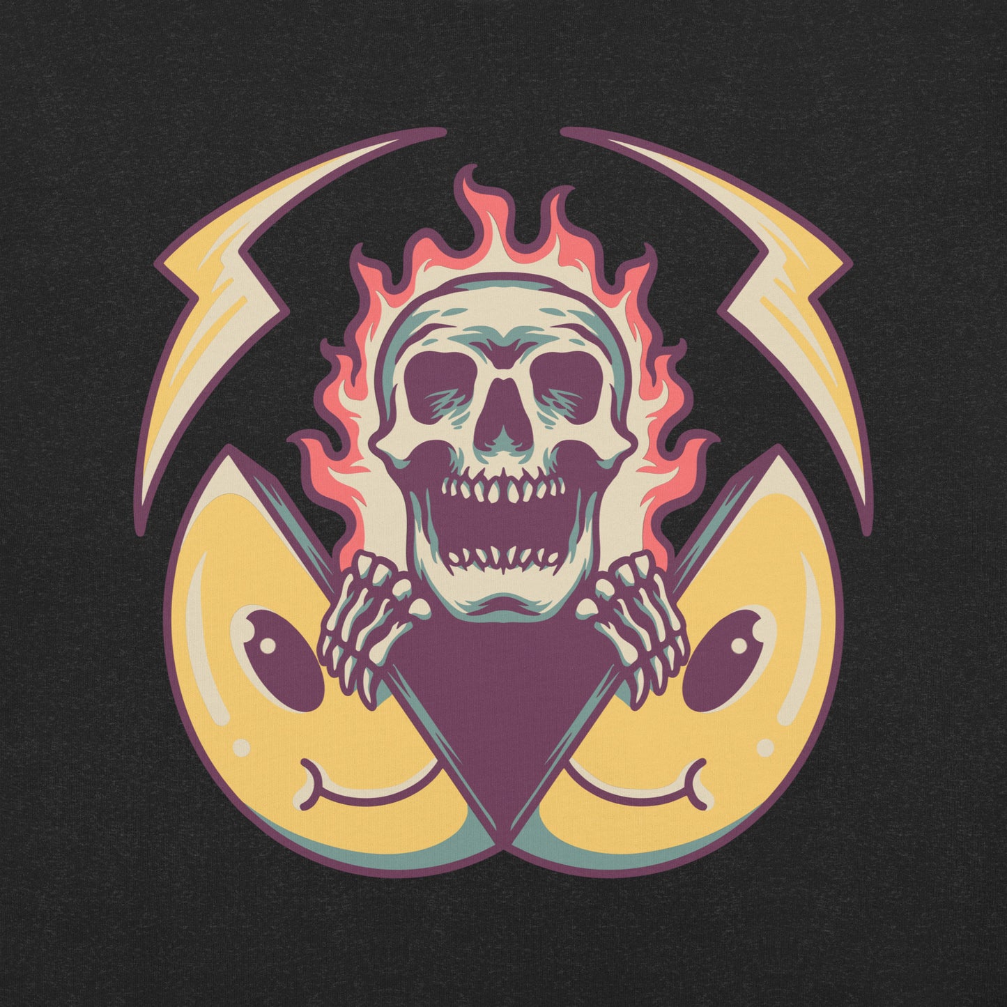 Hipyfi unisex graphic t-shirt featuring flame skull and surreal smiley design in streetwear style. product-details-2