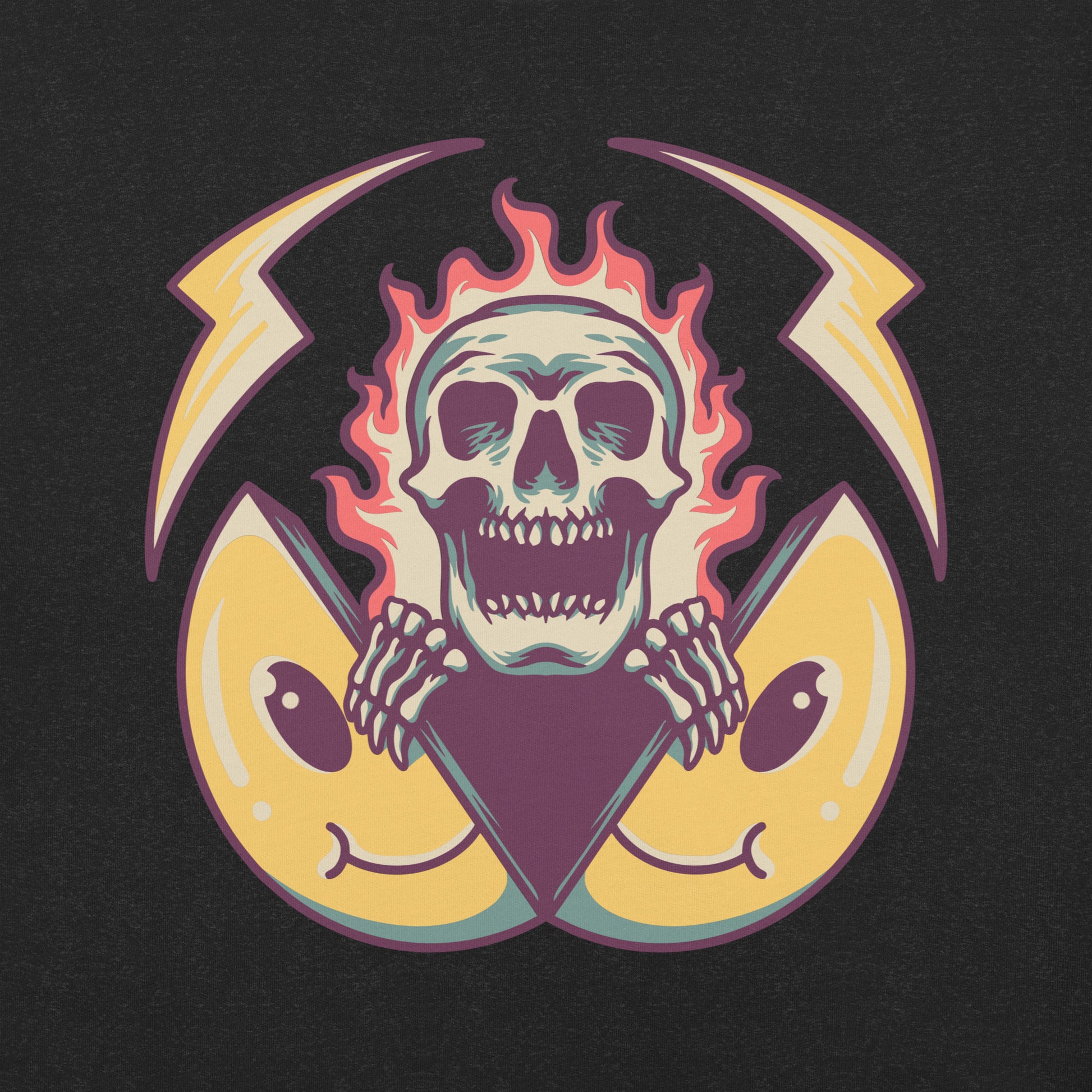 Hipyfi unisex graphic t-shirt featuring flame skull and surreal smiley design in streetwear style. product-details-2