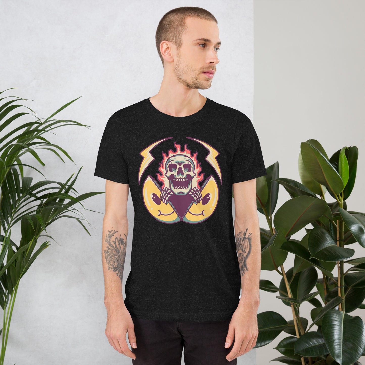Hipyfi unisex graphic t-shirt featuring flame skull and surreal smiley design in streetwear style. black-heather-front-2