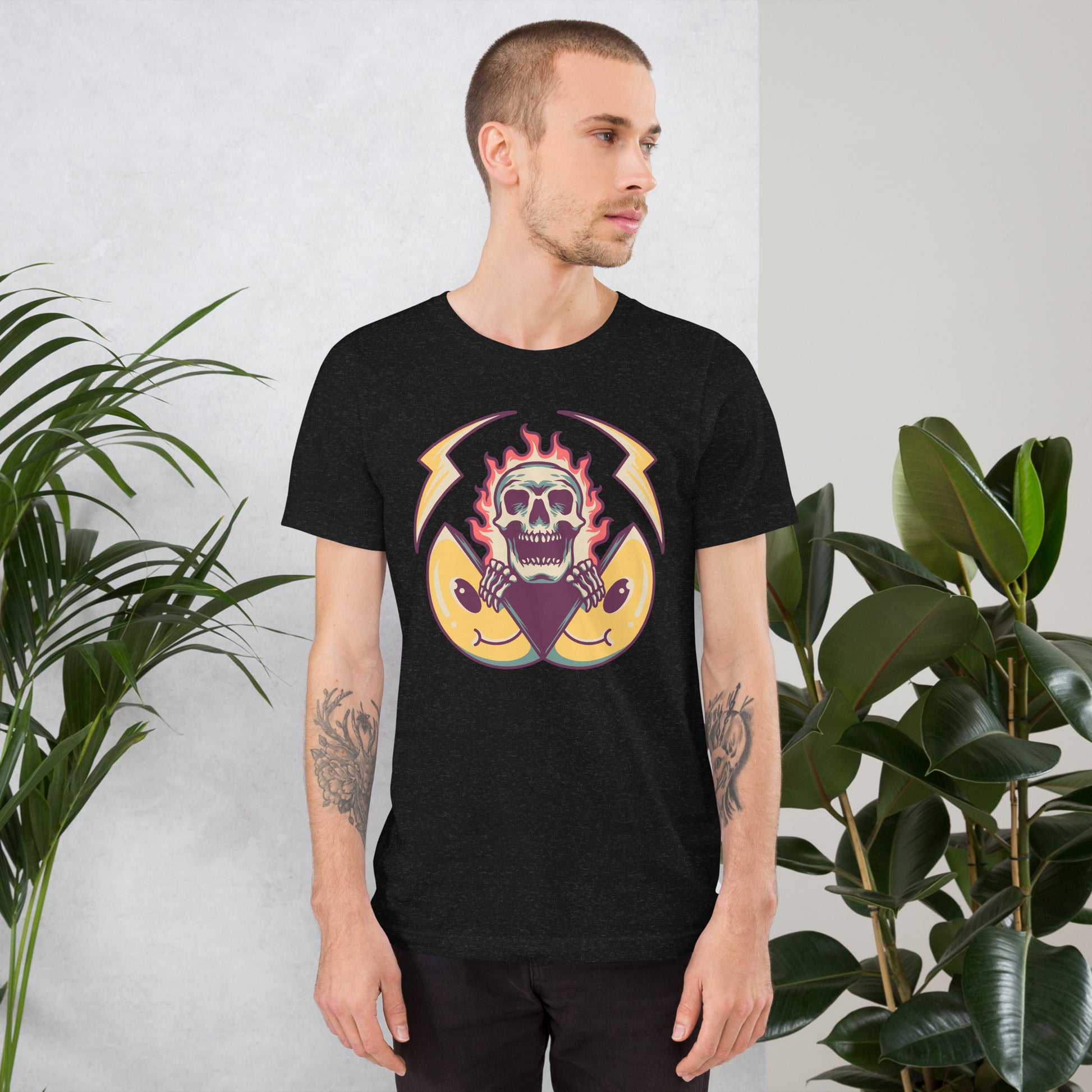 Hipyfi unisex graphic t-shirt featuring flame skull and surreal smiley design in streetwear style. black-heather-front-2