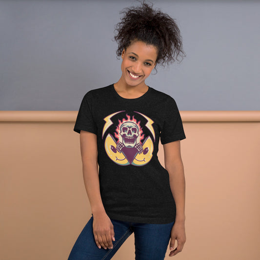 Hipyfi unisex graphic t-shirt featuring flame skull and surreal smiley design in streetwear style. black-heather-front