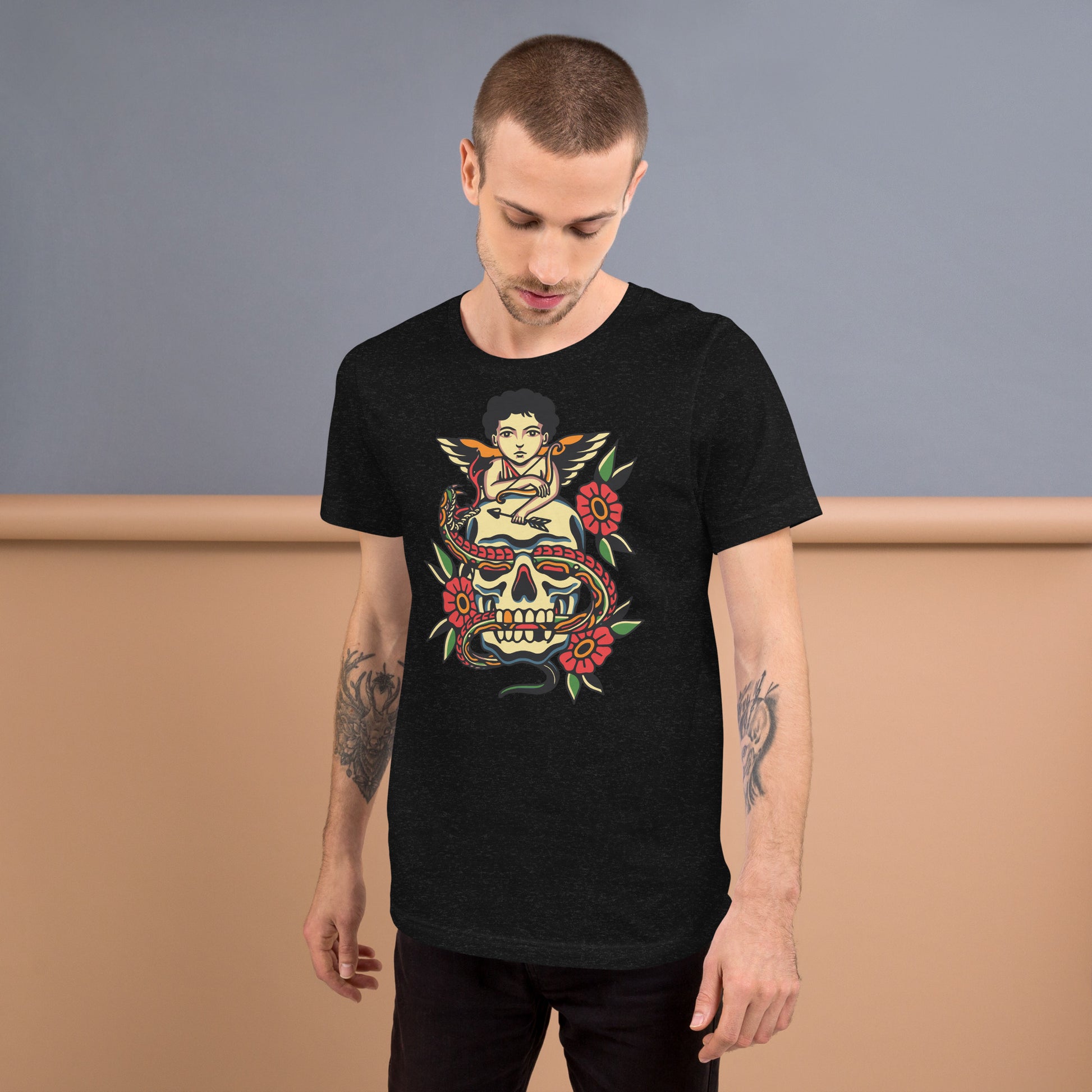 Unisex tattoo art T-shirt featuring cherub, skull, and snake design – Hipyfi vintage graphic tee. black-heather-front-2
