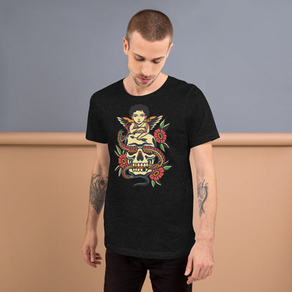 Unisex tattoo art T-shirt featuring cherub, skull, and snake design – Hipyfi vintage graphic tee. black-heather-front-2