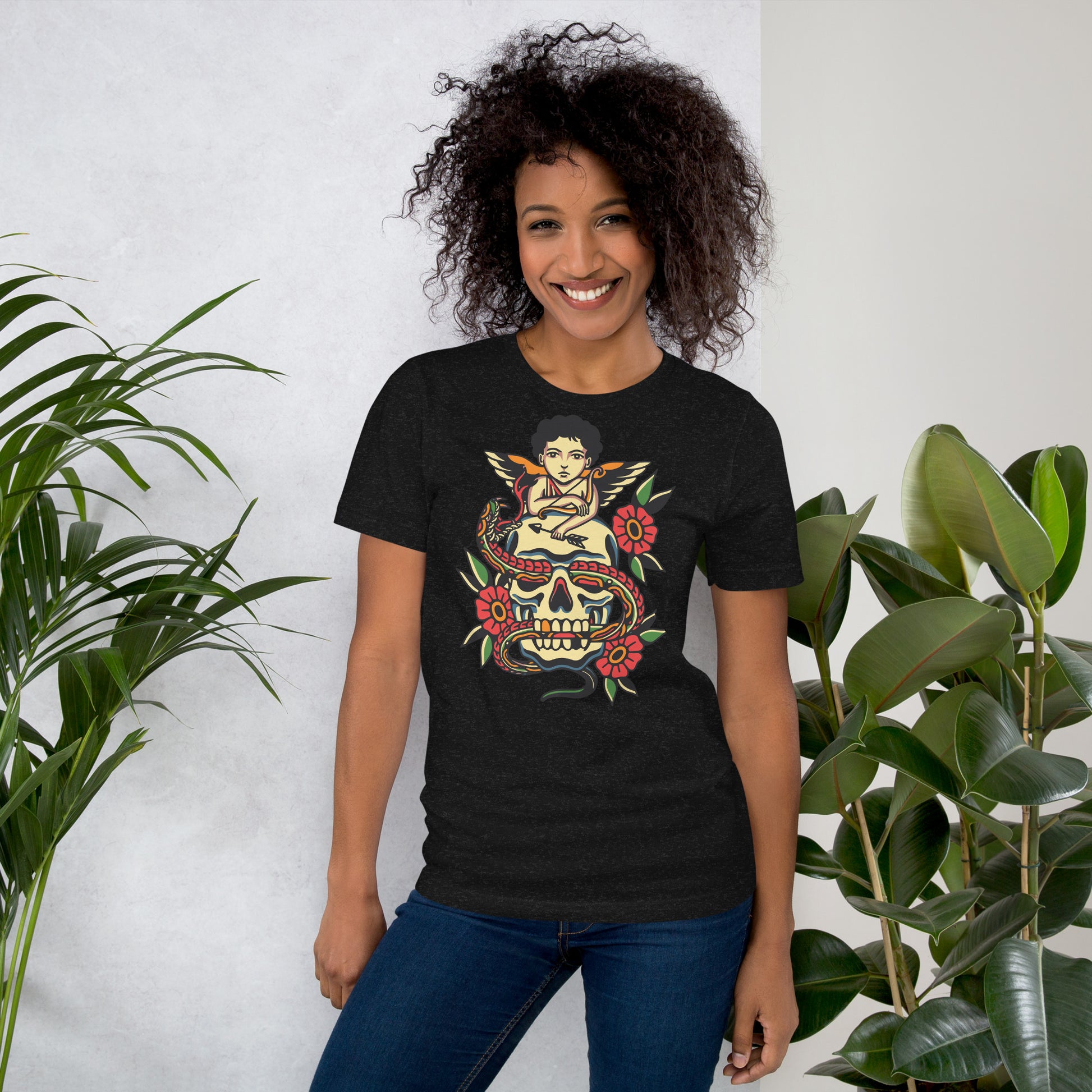 Unisex tattoo art T-shirt featuring cherub, skull, and snake design – Hipyfi vintage graphic tee. black-heather-front
