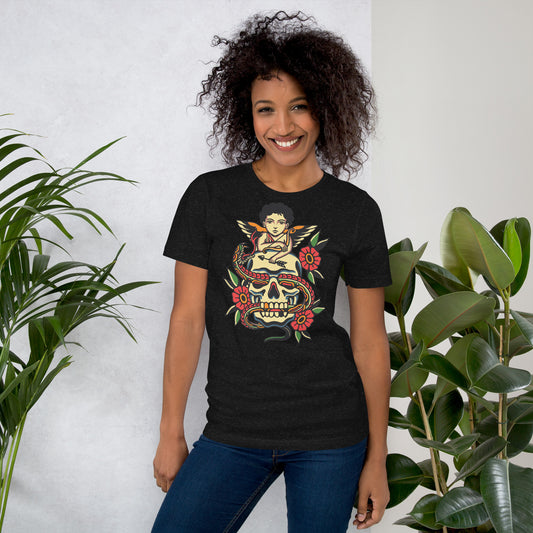 Unisex tattoo art T-shirt featuring cherub, skull, and snake design – Hipyfi vintage graphic tee. black-heather-front