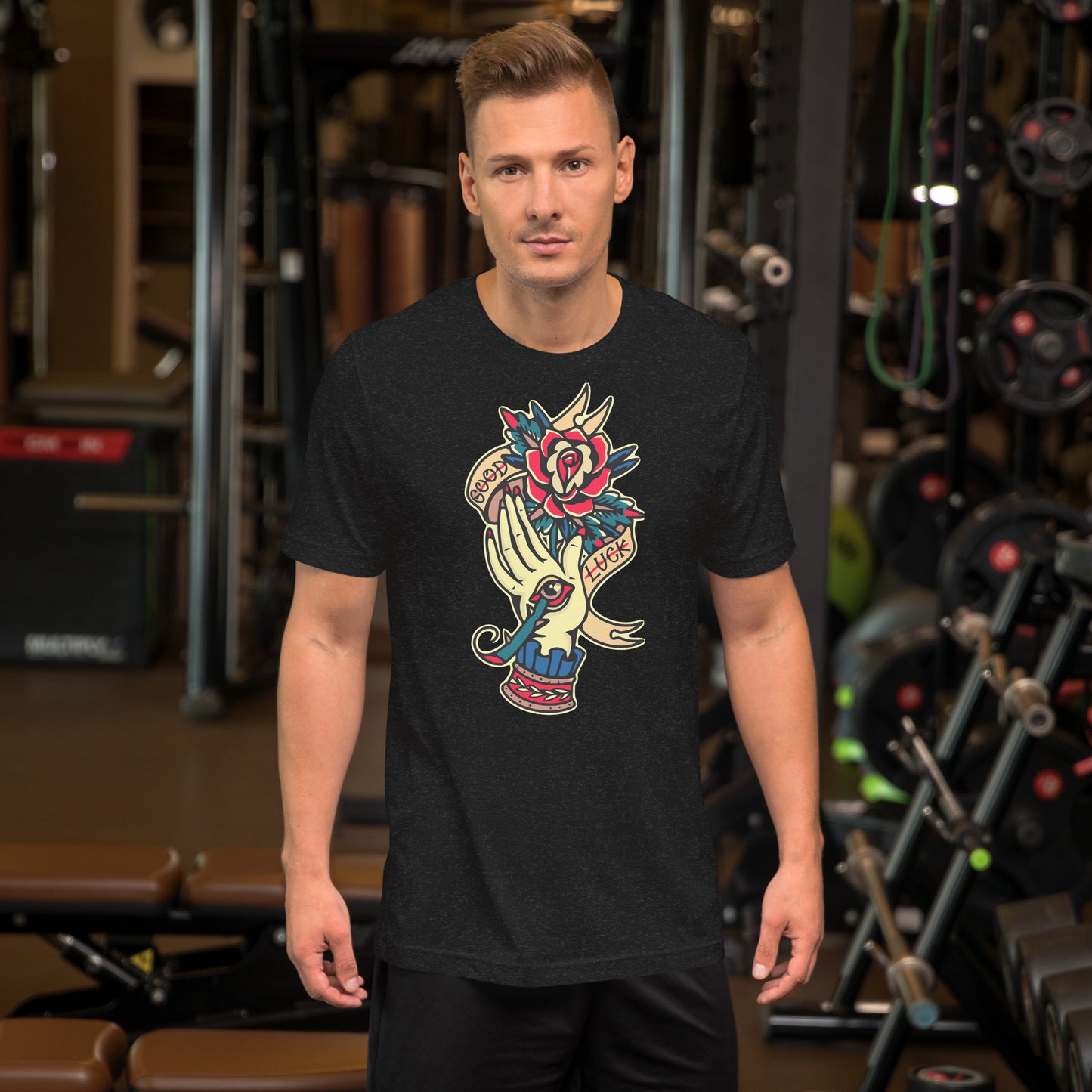 Unisex vintage tattoo t-shirt with good luck rose and hand design by Hipyfi Clothes & Design. black-heather-front
