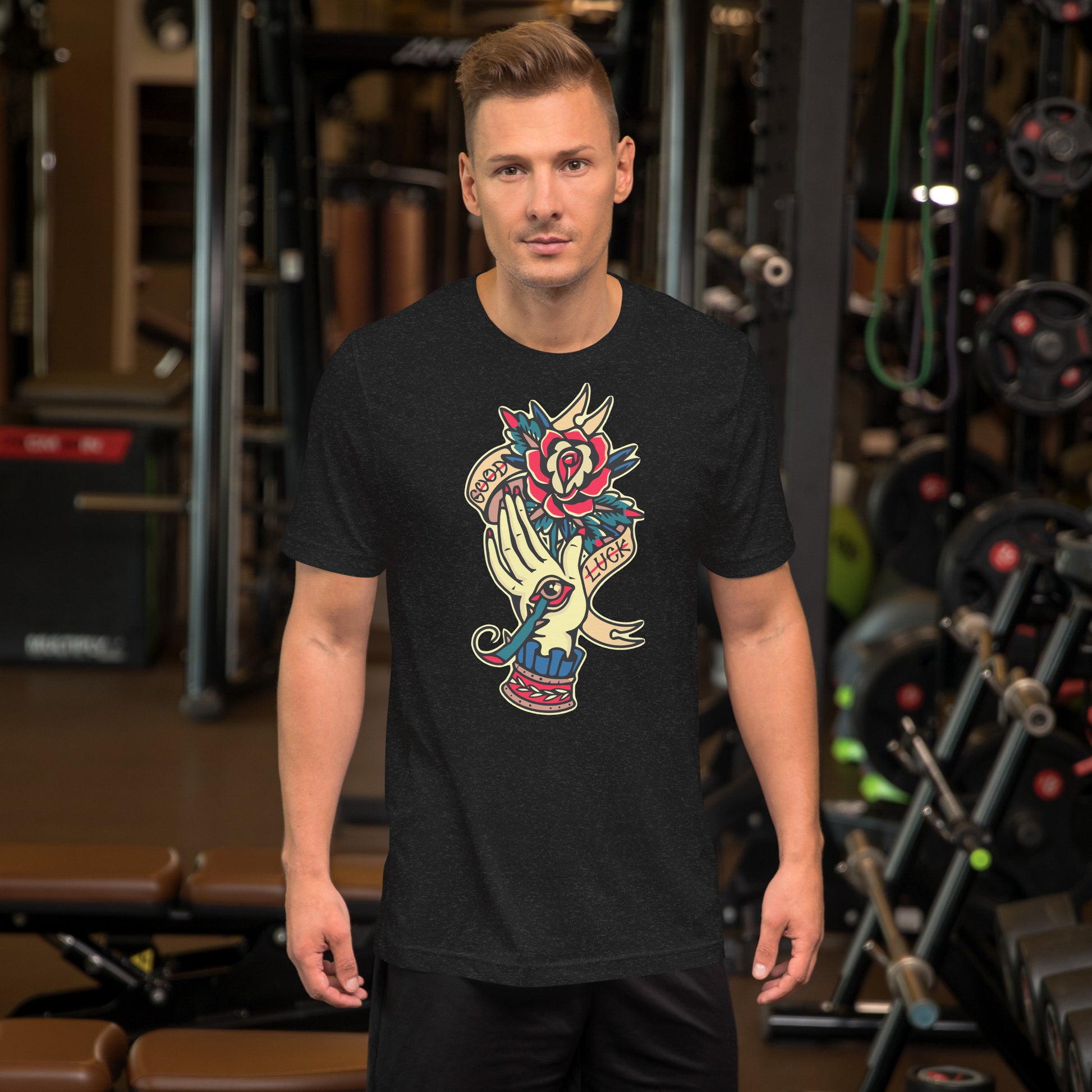 Unisex vintage tattoo t-shirt with good luck rose and hand design by Hipyfi Clothes & Design. black-heather-front