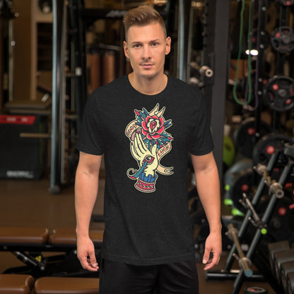 Unisex vintage tattoo t-shirt with good luck rose and hand design by Hipyfi Clothes & Design. black-heather-front