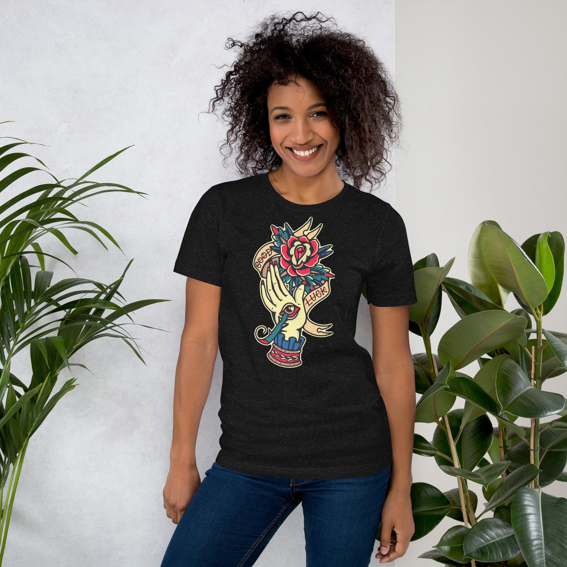 Unisex vintage tattoo t-shirt with good luck rose and hand design by Hipyfi Clothes & Design. black-heather-front-2