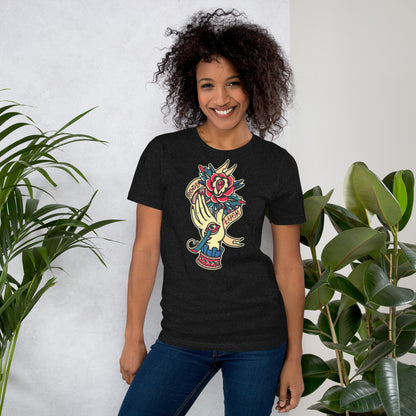 Unisex vintage tattoo t-shirt with good luck rose and hand design by Hipyfi Clothes & Design. black-heather-front-2