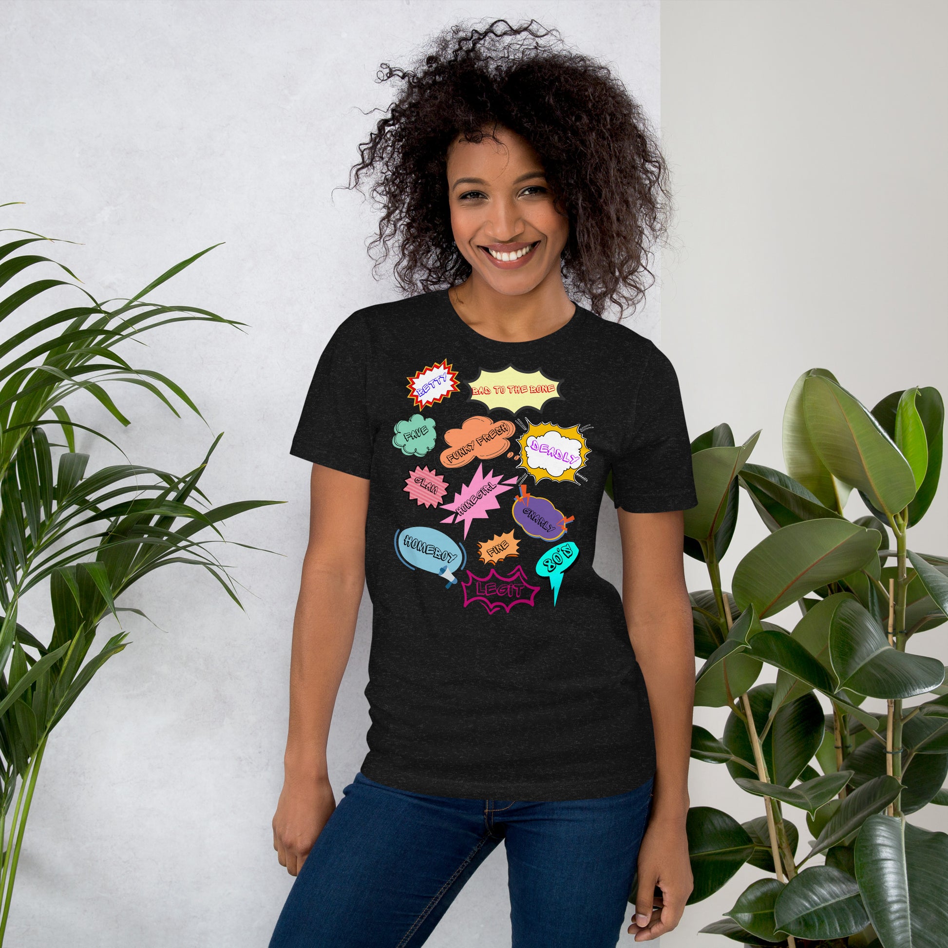 Unisex 80s graphic t-shirt with comic-style slang design by Hipyfi Clothes & Design. black-heather-front