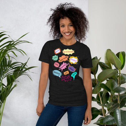 Unisex 80s graphic t-shirt with comic-style slang design by Hipyfi Clothes & Design. black-heather-front