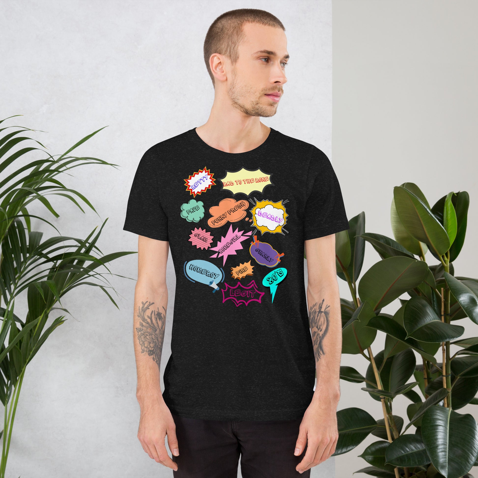 Unisex 80s graphic t-shirt with comic-style slang design by Hipyfi Clothes & Design. black-heather-front-2