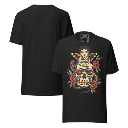 Unisex tattoo art T-shirt featuring cherub, skull, and snake design – Hipyfi vintage graphic tee. black-heather-front-3