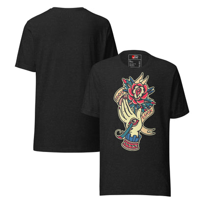 Unisex vintage tattoo t-shirt with good luck rose and hand design by Hipyfi Clothes & Design. black-heather-front-and-back
