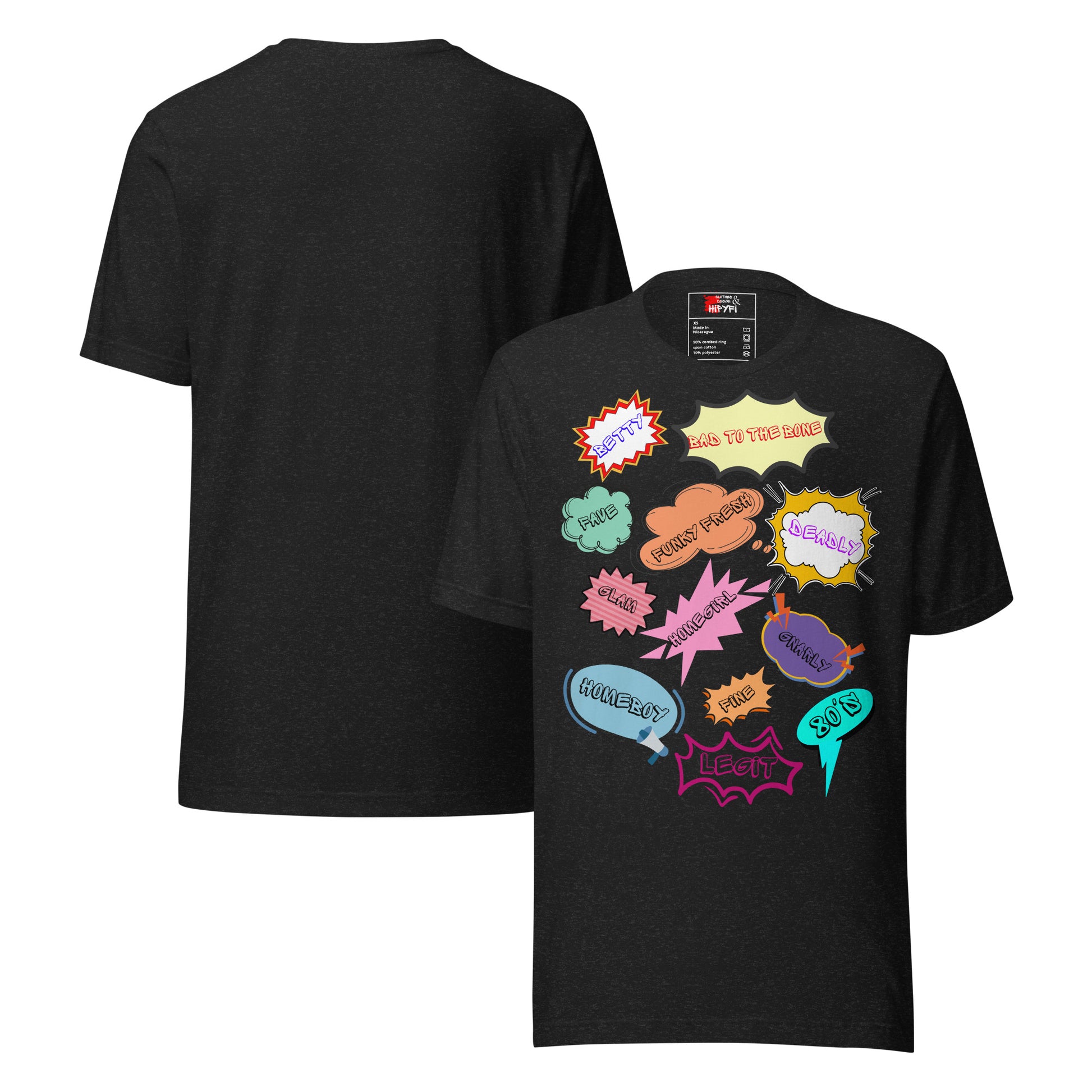 Unisex 80s graphic t-shirt with comic-style slang design by Hipyfi Clothes & Design. black-heather-front-and-back
