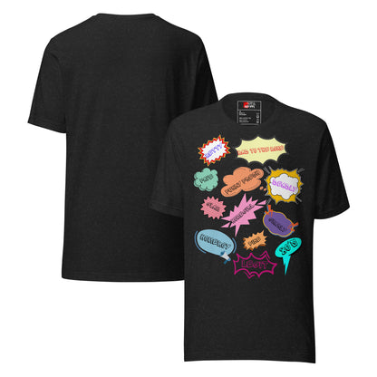 Unisex 80s graphic t-shirt with comic-style slang design by Hipyfi Clothes & Design. black-heather-front-and-back