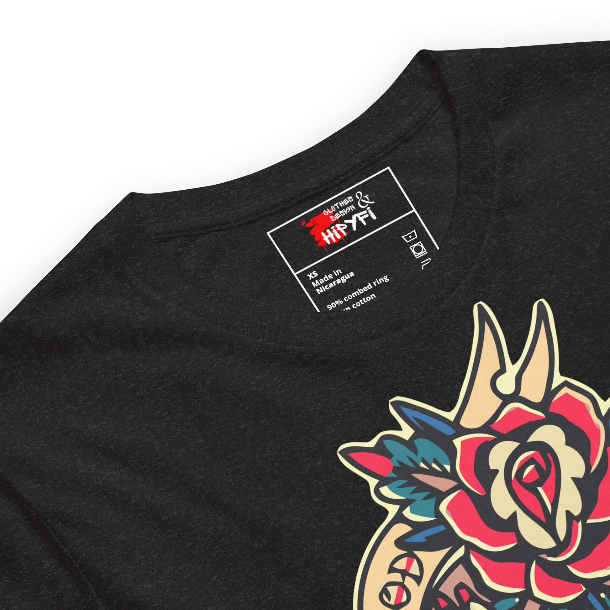 Unisex vintage tattoo t-shirt with good luck rose and hand design by Hipyfi Clothes & Design.  product-details