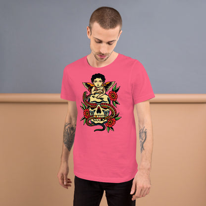 Unisex tattoo art T-shirt featuring cherub, skull, and snake design – Hipyfi vintage graphic tee. charity-pink-front-2