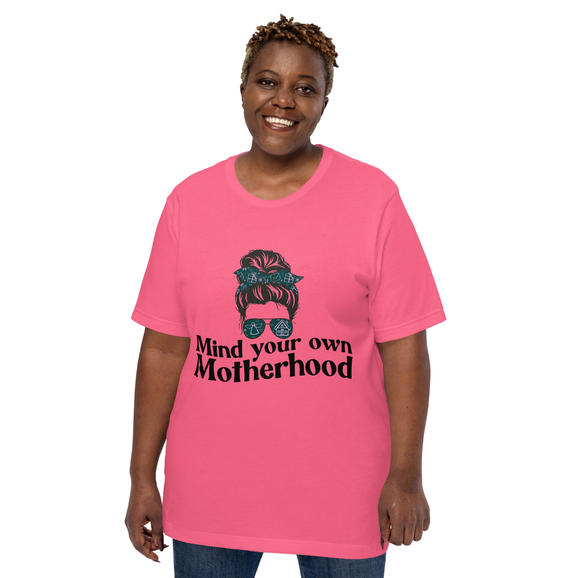 Empowered Mama unisex graphic t-shirt with 'Mind Your Own Motherhood' design – Hipyfi Clothes & Design.  charity-pink-front-2