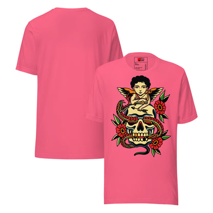 Unisex tattoo art T-shirt featuring cherub, skull, and snake design – Hipyfi vintage graphic tee. charity-pink-front-3