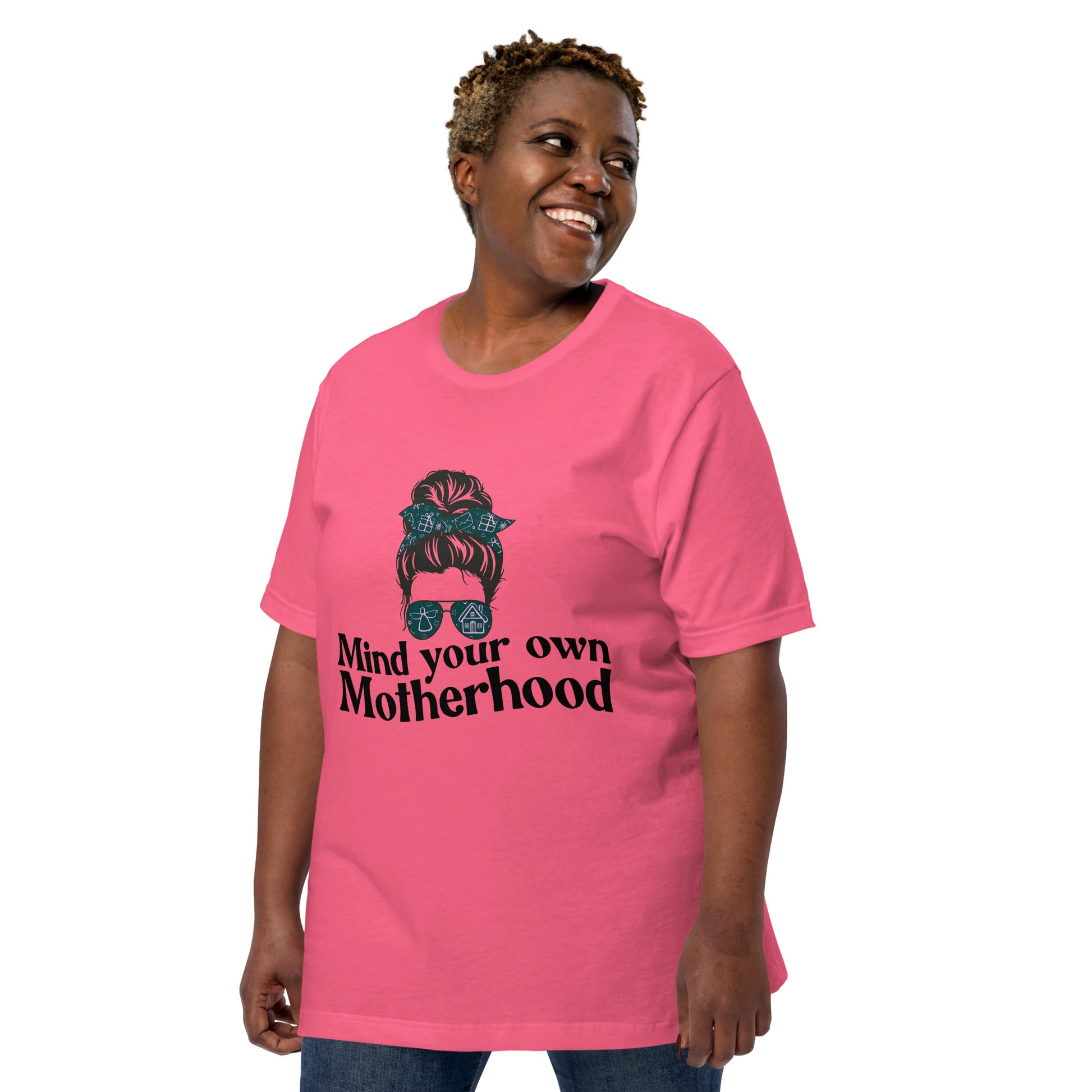 Empowered Mama unisex graphic t-shirt with 'Mind Your Own Motherhood' design – Hipyfi Clothes & Design. charity-pink-left-front