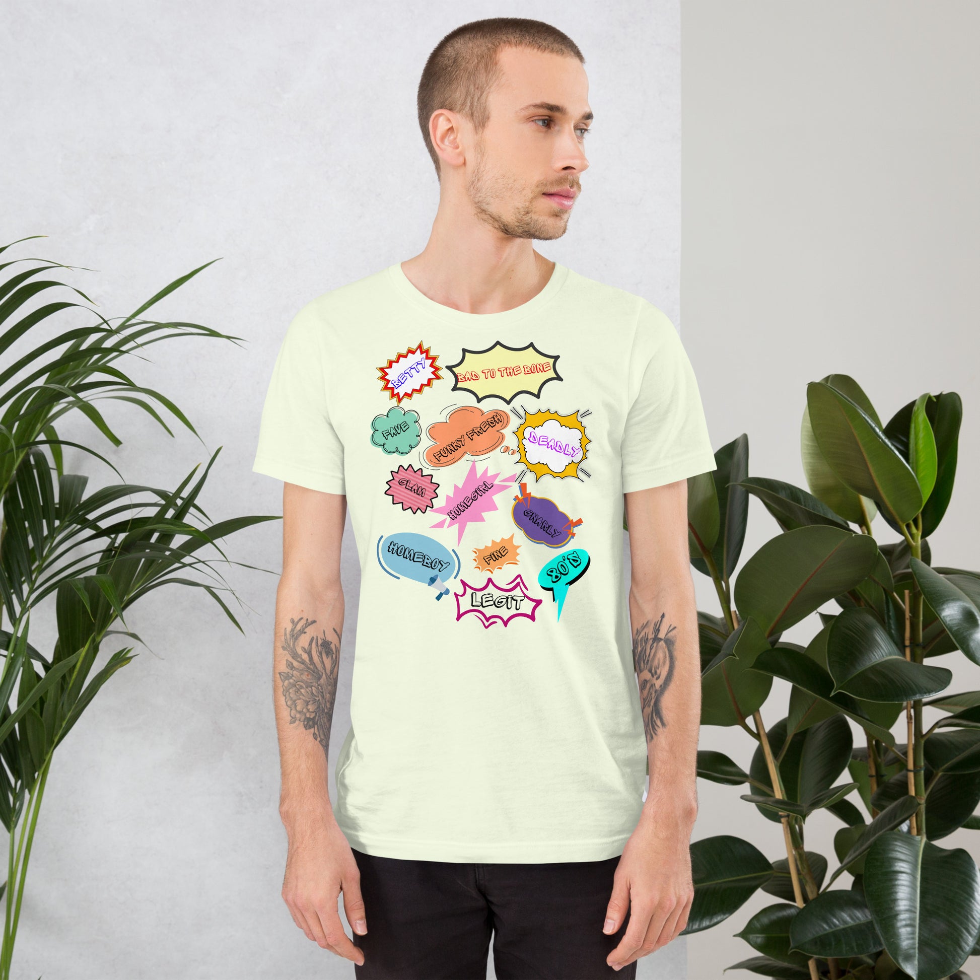 Unisex 80s graphic t-shirt with comic-style slang design by Hipyfi Clothes & Design. citron-front-2