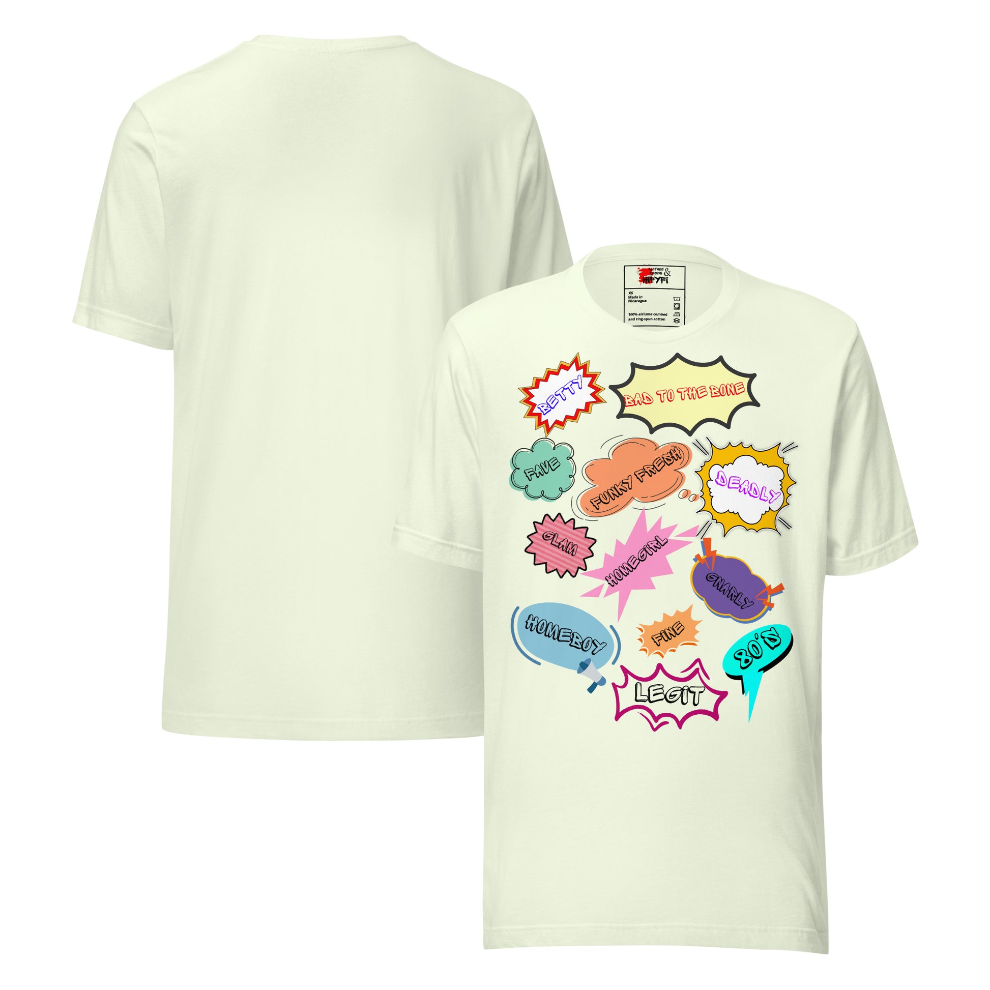 Unisex 80s graphic t-shirt with comic-style slang design by Hipyfi Clothes & Design. citron-front-and-back