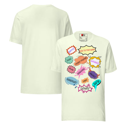 Unisex 80s graphic t-shirt with comic-style slang design by Hipyfi Clothes & Design. citron-front-and-back
