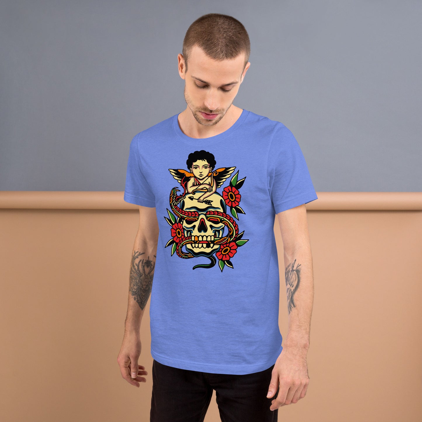 Unisex tattoo art T-shirt featuring cherub, skull, and snake design – Hipyfi vintage graphic tee. heather-columbia-blue-front-2