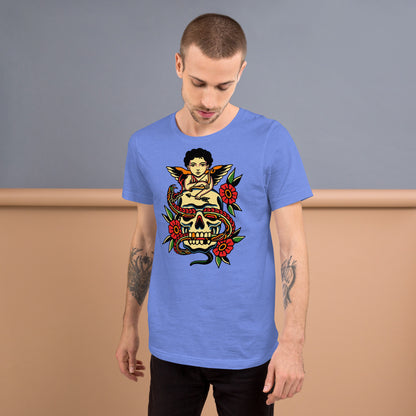 Unisex tattoo art T-shirt featuring cherub, skull, and snake design – Hipyfi vintage graphic tee. heather-columbia-blue-front-2