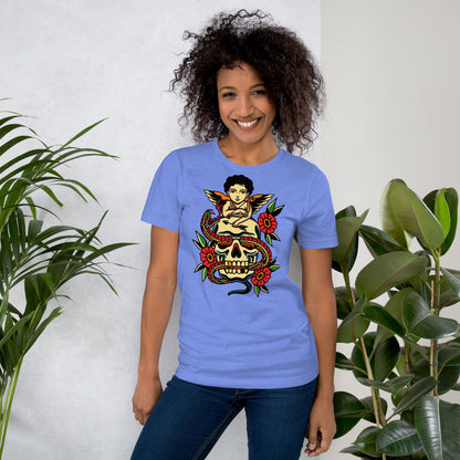 Unisex tattoo art T-shirt featuring cherub, skull, and snake design – Hipyfi vintage graphic tee. heather-columbia-blue-front