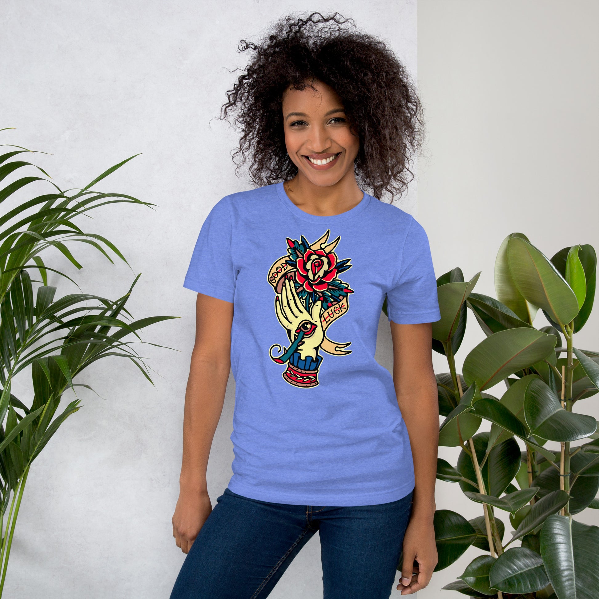 Unisex vintage tattoo t-shirt with good luck rose and hand design by Hipyfi Clothes & Design. heather-columbia-blue-front-2