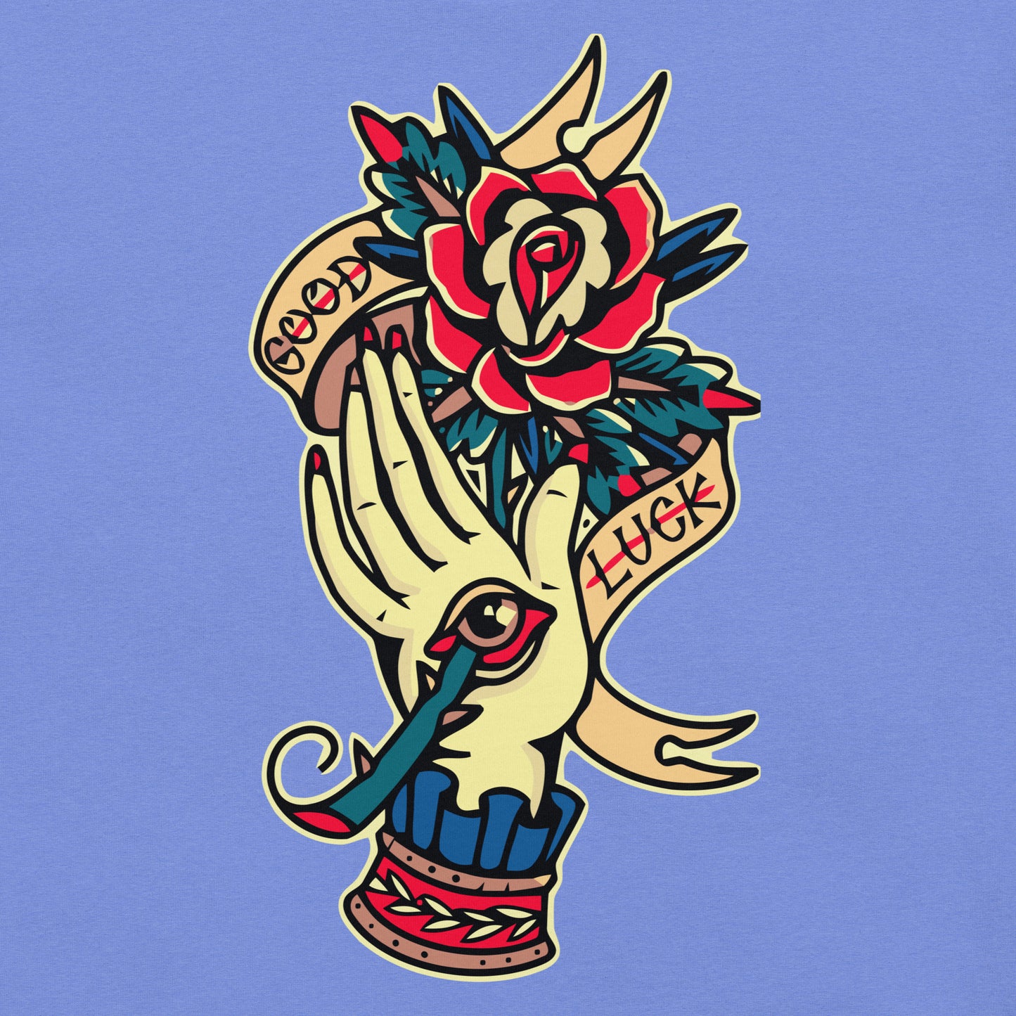 Unisex vintage tattoo t-shirt with good luck rose and hand design by Hipyfi Clothes & Design. heather-columbia-blue-front-4