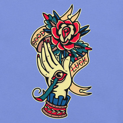 Unisex vintage tattoo t-shirt with good luck rose and hand design by Hipyfi Clothes & Design. heather-columbia-blue-front-4