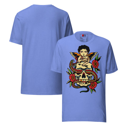 Unisex tattoo art T-shirt featuring cherub, skull, and snake design – Hipyfi vintage graphic tee. heather-columbia-blue-front-3