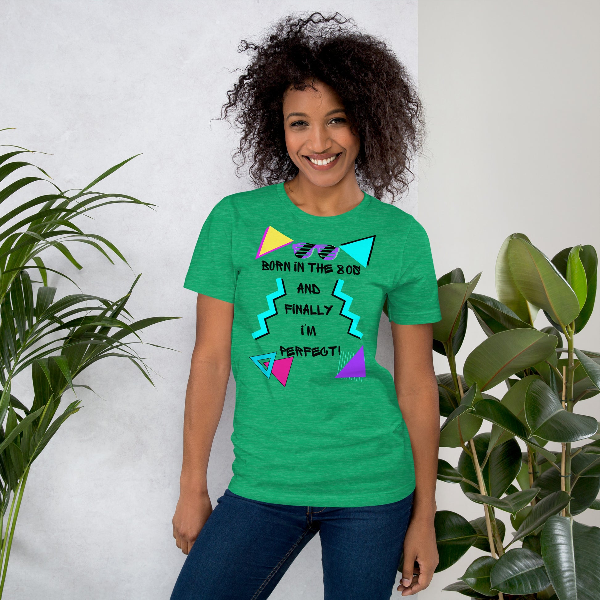 Hipyfi Unisex 80s Retro T-Shirt – Born in the 80s, Perfected for Today, featuring bold 80s graphic design and retro typography. heather-kelly-front-2