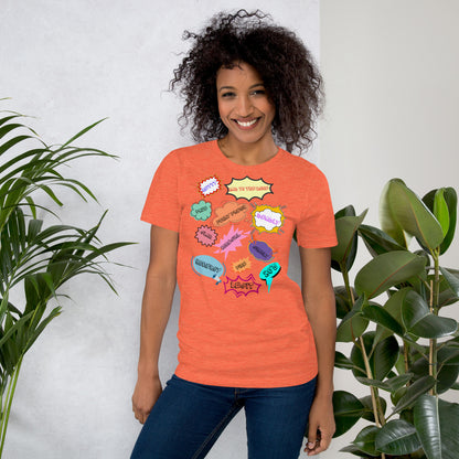 Unisex 80s graphic t-shirt with comic-style slang design by Hipyfi Clothes & Design. heather-orange-front