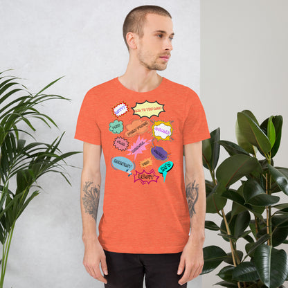 Unisex 80s graphic t-shirt with comic-style slang design by Hipyfi Clothes & Design. heather-orange-front-2