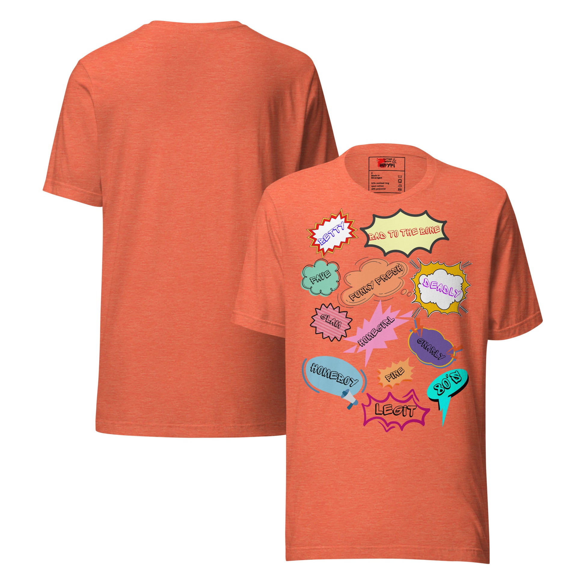 Unisex 80s graphic t-shirt with comic-style slang design by Hipyfi Clothes & Design. heather-orange-front-and-back