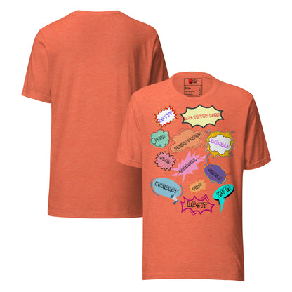 Unisex 80s graphic t-shirt with comic-style slang design by Hipyfi Clothes & Design. heather-orange-front-and-back
