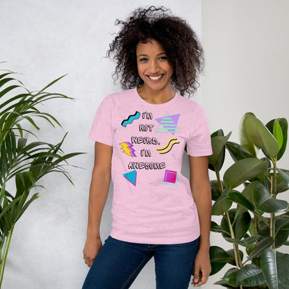 Unisex retro graphic t-shirt with 'I’m Not Weird I’m Awesome' 80s design by Hipyfi Clothes & Design. heather-prism-lilac-front-2
