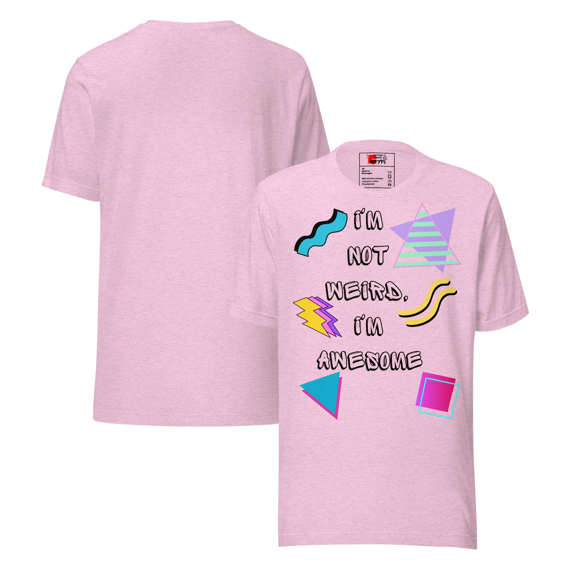 Unisex retro graphic t-shirt with 'I’m Not Weird I’m Awesome' 80s design by Hipyfi Clothes & Design. heather-prism-lilac-front-and-back