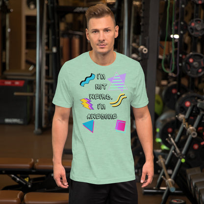 Unisex retro graphic t-shirt with 'I’m Not Weird I’m Awesome' 80s design by Hipyfi Clothes & Design. heather-prism-mint-front