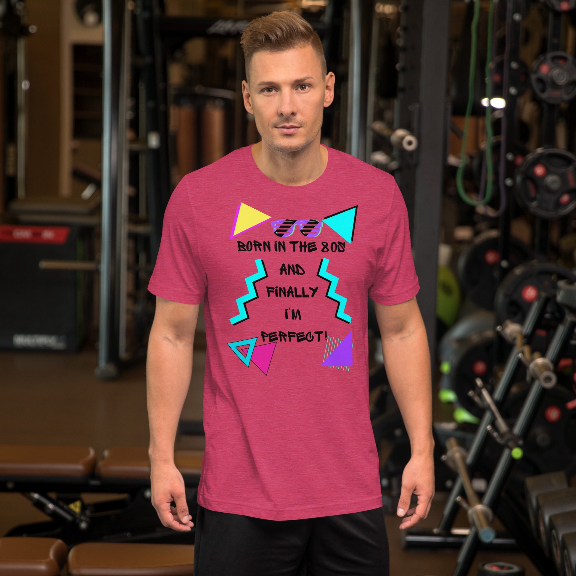 Hipyfi Unisex 80s Retro T-Shirt – Born in the 80s, Perfected for Today, featuring bold 80s graphic design and retro typography. heather-raspberry-front
