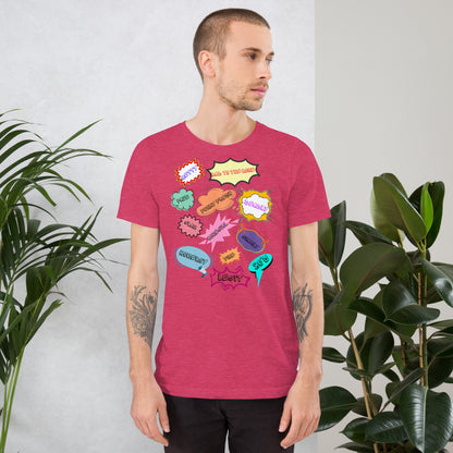 Unisex 80s graphic t-shirt with comic-style slang design by Hipyfi Clothes & Design. heather-raspberry-front-2