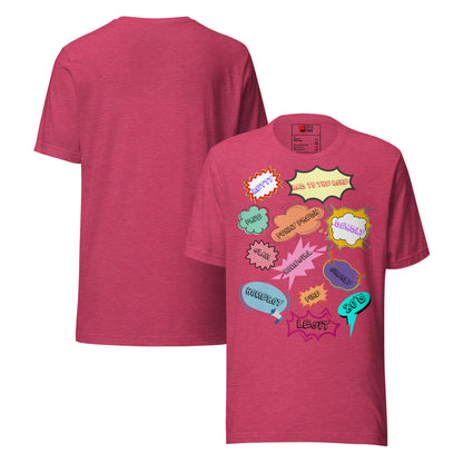 Unisex 80s graphic t-shirt with comic-style slang design by Hipyfi Clothes & Design. heather-raspberry-front-and-back