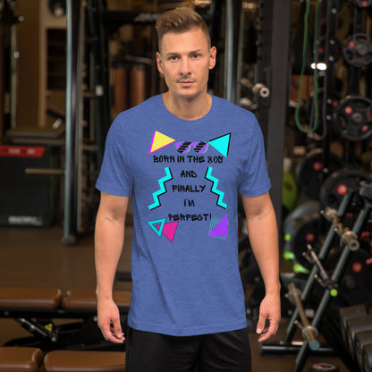 Hipyfi Unisex 80s Retro T-Shirt – Born in the 80s, Perfected for Today, featuring bold 80s graphic design and retro typography. heather-true-royal-front